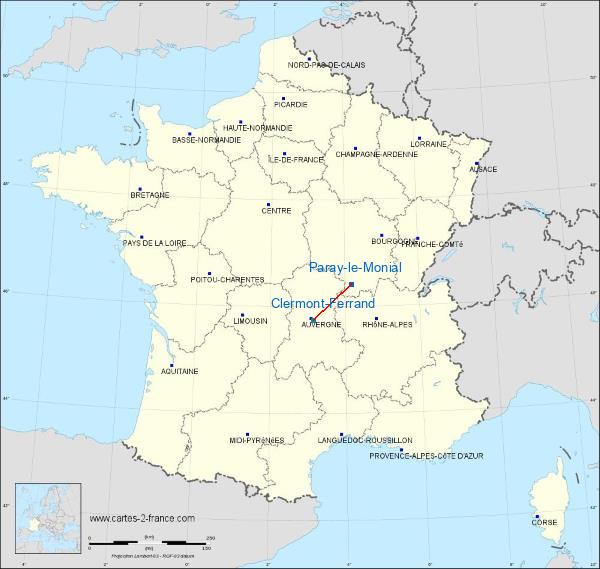 Distance Paray-le-Monial Clermont-Ferrand sur la carte de France