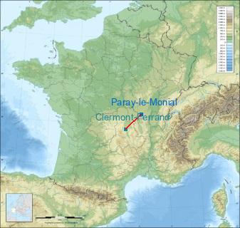 Distance entre de Paray-le-Monial et Clermont-Ferrand sur la carte de France