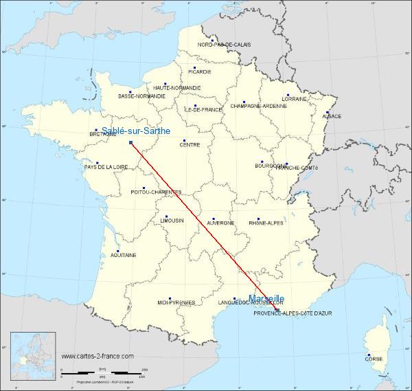 Distance Sablé-sur-Sarthe Marseille sur la carte de France