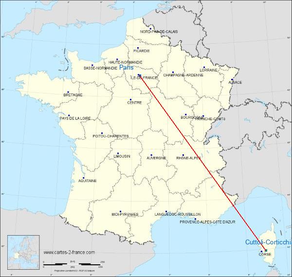 Distance Paris Cuttoli-Corticchiato sur la carte de France