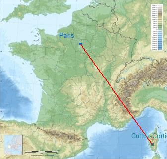Distance entre de Paris et Cuttoli-Corticchiato sur la carte de France