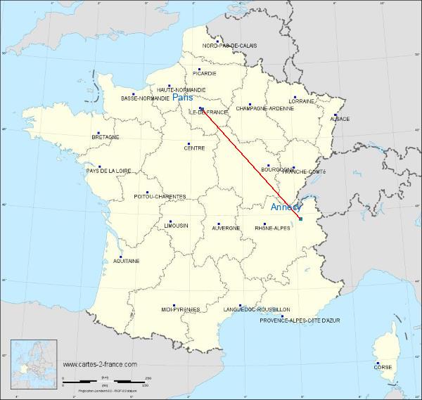 Distance Paris Annecy sur la carte de France