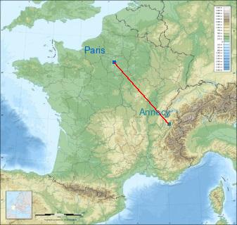 Distance entre de Paris et Annecy sur la carte de France