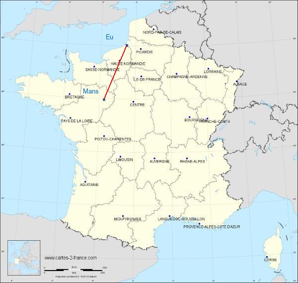 Distance Eu Le Mans sur la carte de France