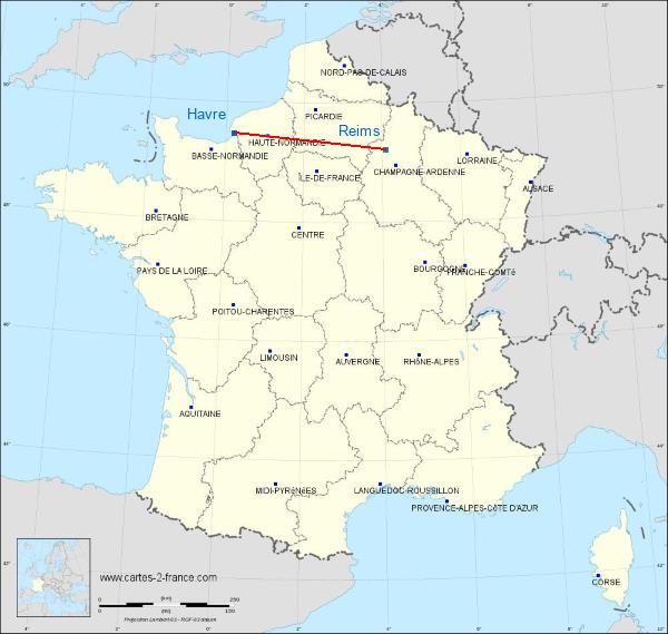 Distance Le Havre Reims sur la carte de France