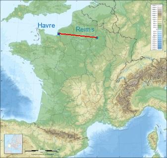 Distance entre de Le Havre et Reims sur la carte de France