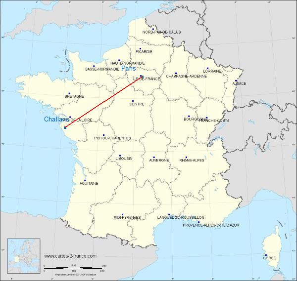 Distance Challans Paris sur la carte de France