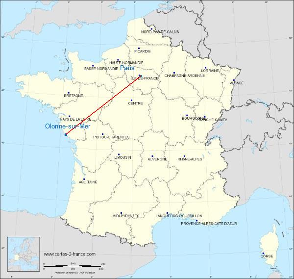 Distance Olonne-sur-Mer Paris sur la carte de France
