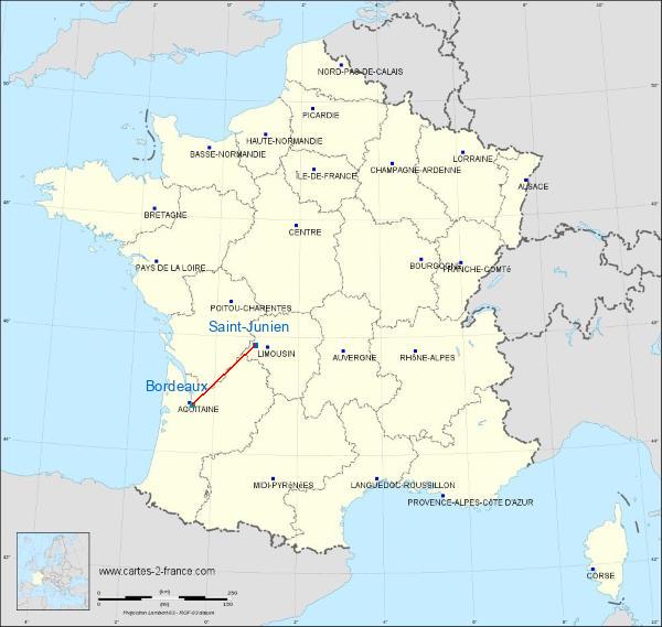 Distance Saint-Junien Musee d'Aquitane sur la carte de France