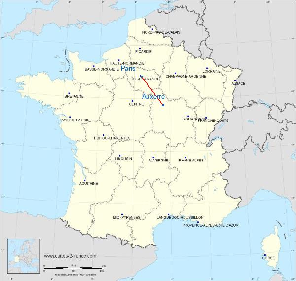 Distance Auxerre Paris sur la carte de France