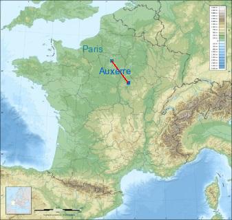 Distance entre de Auxerre et Paris sur la carte de France