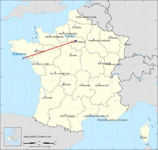 Distance Pantin Quiberon sur la carte de France