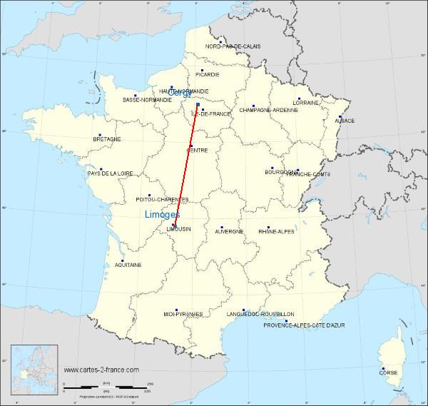 Distance Cergy-Pontoise Limoges sur la carte de France